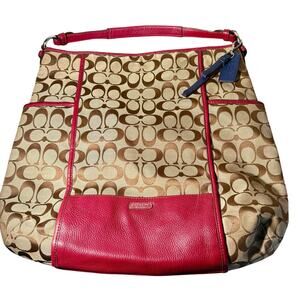 Coach Signature C Park Hobo Shoulder Bag Khaki Crimson F30341